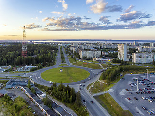 Image showing Aerial view on road ring in city at summer sunset