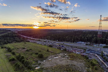 Image showing Aerial view of city highway at sunset