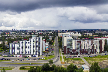 Image showing High-rise buildings in city, aerial view of cityscape