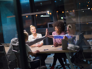 Image showing Multiethnic startup business team in night office