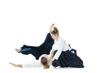 Image showing Man and woman fighting at Aikido training in martial arts school