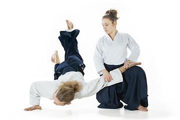 Image showing Man and woman fighting at Aikido training in martial arts school