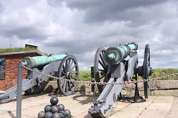 Image showing Cannons outside  Kronborg castle pointing at Øresund