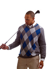 Image showing Young black man in sweater with golf club