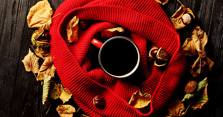 Image showing Leaves and nuts around scarf and beverage