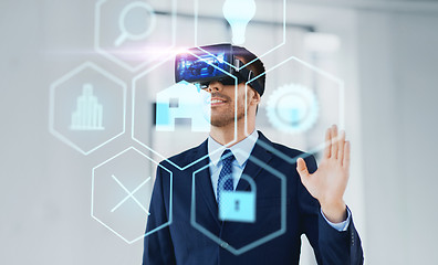 Image showing businessman with virtual reality headset at office