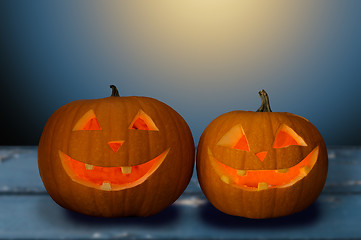 Image showing close up of halloween pumpkins on table