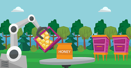 Image showing Robot beekeeper gathering honey from beehive.