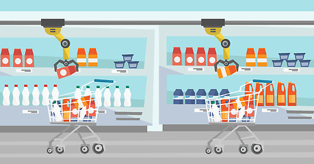 Image showing Robotic arm putting groceries in shopping trolley.