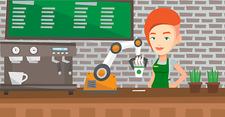 Image showing Robot making coffee for a client at coffee shop.