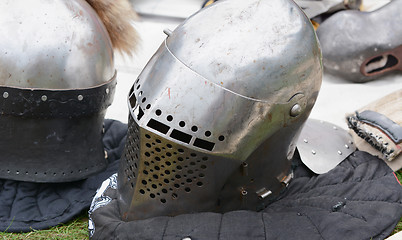 Image showing Medieval warrior\'s steel helmet with a visor 