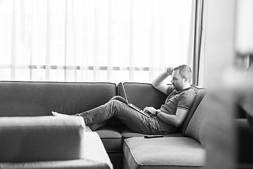 Image showing Man using laptop in living room