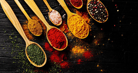 Image showing Different types of spices in spoons