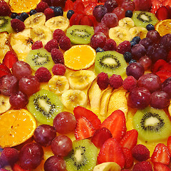 Image showing Holiday cake with fruits and berries, close-up food background