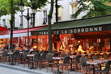 Image showing French traditional cafe located on the Place de la Sorbonne in P