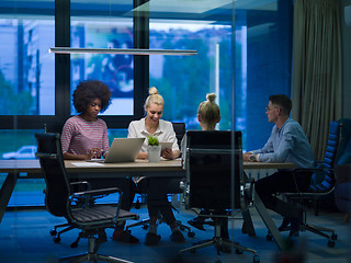 Image showing Multiethnic startup business team in night office