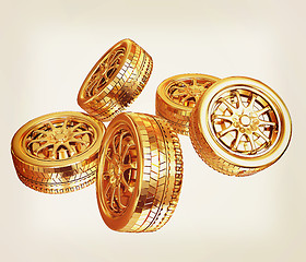 Image showing Golden wheels Set isolated on white. Top view. 3d illustration. 