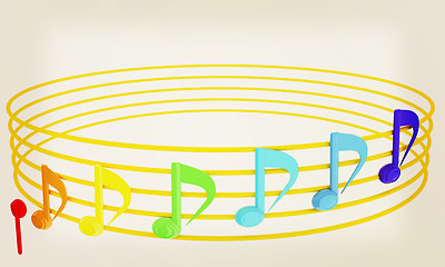 Image showing Various music notes on stave. Colorfull 3d. 3D illustration. Vin