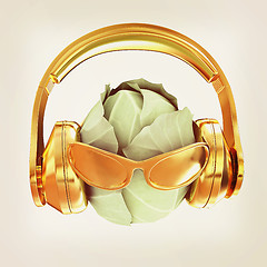 Image showing Green cabbage with sun glass and headphones front \