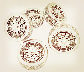 Image showing Car wheels. Top view. 3d illustration. Vintage style