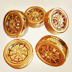 Image showing Golden wheels Set isolated on white. Top view. 3d illustration. 