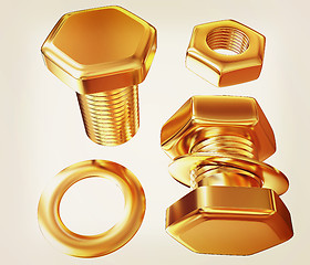 Image showing Gold Bolt with nut. 3d illustration. Vintage style