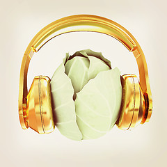 Image showing Green cabbage with headphones on a white background. 3d illustra