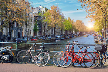 Image showing Amterdam canal, bridge and medieval houses