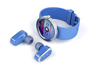 Image showing Blue wireless earphones and smartwatch