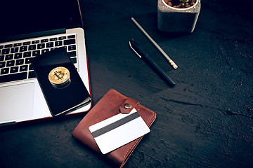 Image showing The golden bitcoin on keyboard