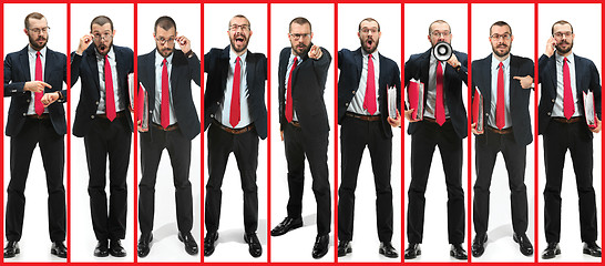 Image showing Collage about handsome young bearded man over white studio background