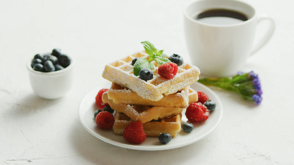 Image showing Waffles on plate and cup of coffee