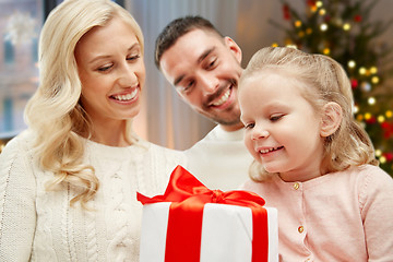 Image showing happy family at home with christmas gift