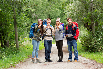 Image showing friends hiking with backpacks and show thumbs up