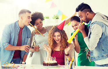 Image showing team greeting colleague at office birthday party