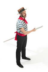 Image showing Caucasian man in traditional gondolier costume and hat