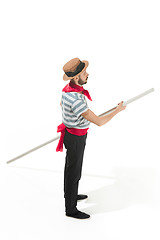 Image showing Caucasian man in traditional gondolier costume and hat