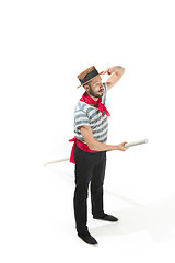 Image showing Caucasian man in traditional gondolier costume and hat