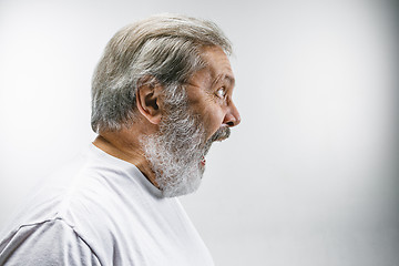 Image showing The senior emotional angry man screaming on white studio background