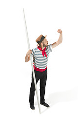 Image showing Caucasian man in traditional gondolier costume and hat