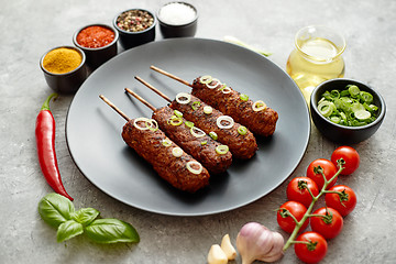 Image showing Barbecued turkey kebab decorated with fresh onion