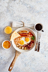 Image showing Full English Breakfast served in a pan