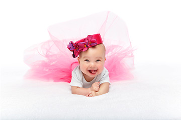 Image showing happy beautiful baby girl with pink hat on head