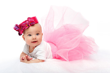 Image showing happy beautiful baby girl with pink hat on head