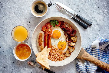 Image showing Traditional Full English Breakfast on frying pan.