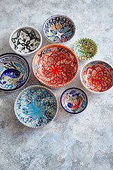 Image showing Collection of empty moroccan colorful decorative ceramic bowls