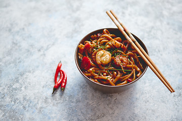 Image showing Traditional asian udon stir-fry noodles with shrimp