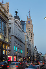 Image showing Madrid, Spain. Gran Via, main shopping street at dusk.