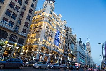 Image showing Madrid, Spain. Gran Via, main shopping street at dusk.