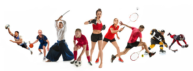 Image showing Sport collage about kickboxing, soccer, american football, basketball, ice hockey, badminton, aikido, tennis, rugby